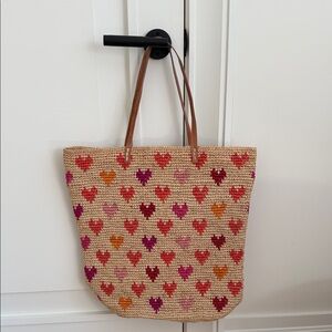 Mar Y Sol Amelie Heart Patterned Raffia Tote Bag - Tan and Pink
